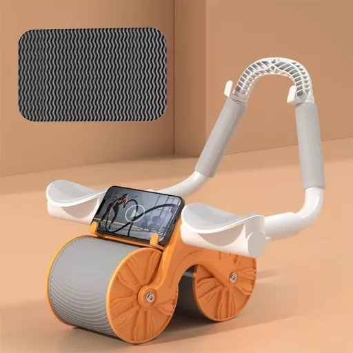 LXWINNER Roată Abdominală cu Revenire Automată, Aparat de Antrenament AB Roller cu Roți Duble și Covoraș pentru Genunchi, Portocaliu, Fitness Acasă