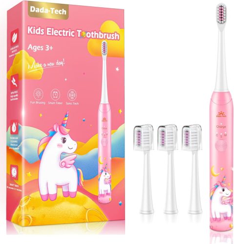 DADA-TECH Periuță de dinți electrică pentru copii 3-12 ani - Unicorn Roz, 3 Moduri, Cronometru, Autocolante pentru formarea obiceiurilor, Reîncărcabilă