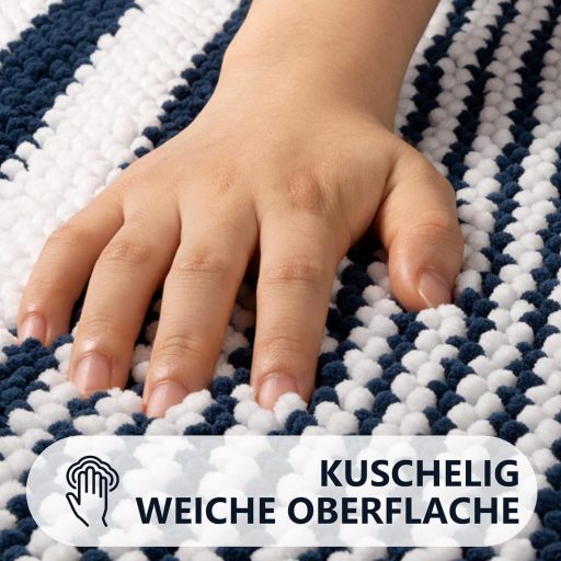 Biscpro fürdőszobai szőnyeg 60x90 cm sötétkék csíkos puha chenille, csúszásmentes