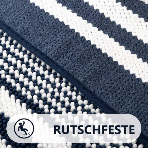 Biscpro fürdőszobai szőnyeg 60x90 cm sötétkék csíkos puha chenille, csúszásmentes