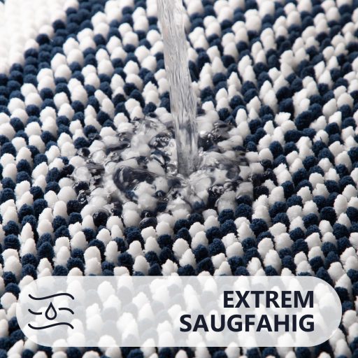 Biscpro fürdőszobai szőnyeg 60x90 cm sötétkék csíkos puha chenille, csúszásmentes