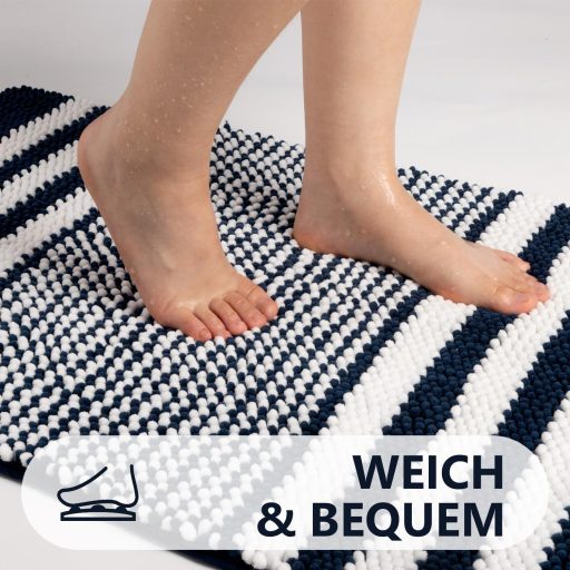 Biscpro fürdőszobai szőnyeg 60x90 cm sötétkék csíkos puha chenille, csúszásmentes