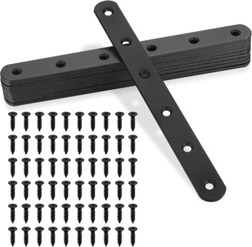 Fekete Fém Összekötő Lemez 10db - Bútorokhoz, Polcokhoz, Szekrényekhez - 200x20x3mm Perforált Lapos Vasalat 60 Csavarral