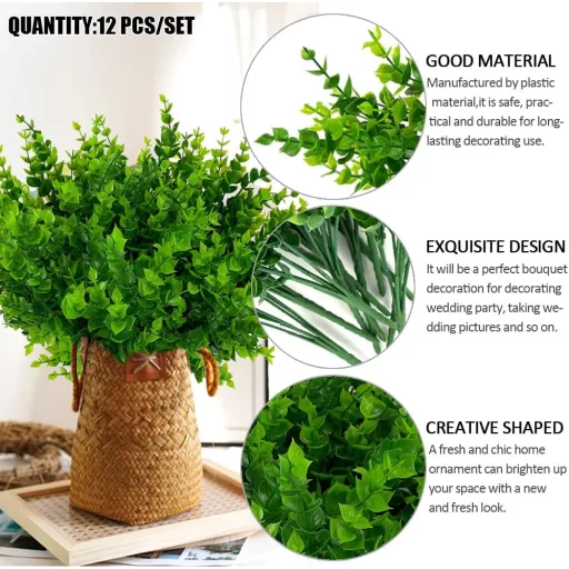 ODIWEN Eucalipt Artificial Decorativ - 12 Buchete de Flori Artificiale Realiste, 7 Fire de Mănunchi Verde de Frunze Artificiale, Plantă Artificială Rezistentă la UV pentru Decorarea Locuinței, 34 cm