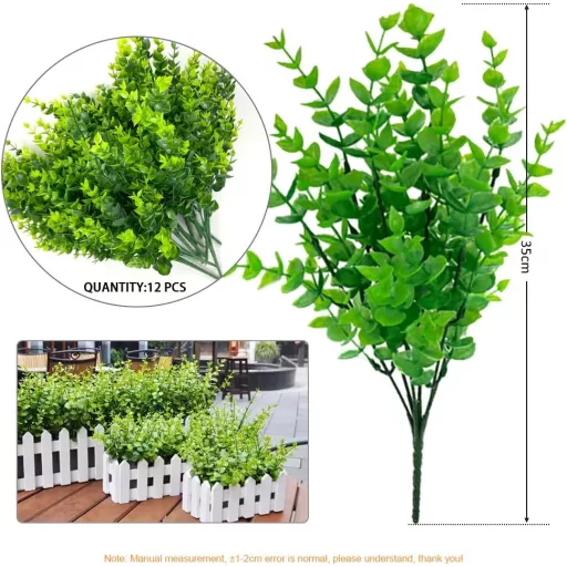 ODIWEN Eucalipt Artificial Decorativ - 12 Buchete de Flori Artificiale Realiste, 7 Fire de Mănunchi Verde de Frunze Artificiale, Plantă Artificială Rezistentă la UV pentru Decorarea Locuinței, 34 cm