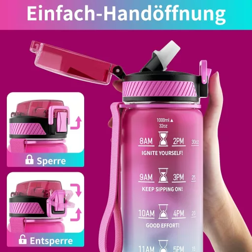 QLUR 1-litrová športová fľaša z Tritanu bez BPA s časovou značkou a slamkou, fialovo-zelená