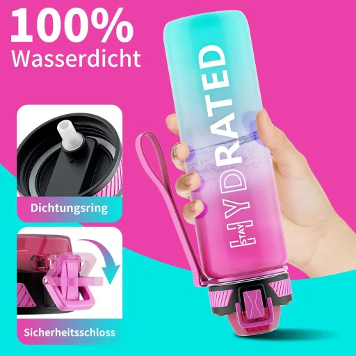 QLUR 1-litrová športová fľaša z Tritanu bez BPA s časovou značkou a slamkou, fialovo-zelená