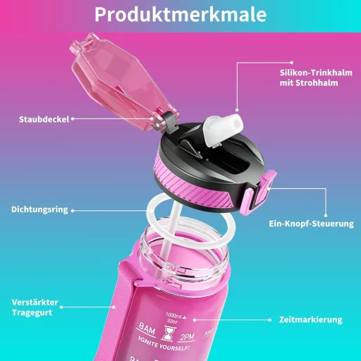 QLUR 1-litrová športová fľaša z Tritanu bez BPA s časovou značkou a slamkou, fialovo-zelená