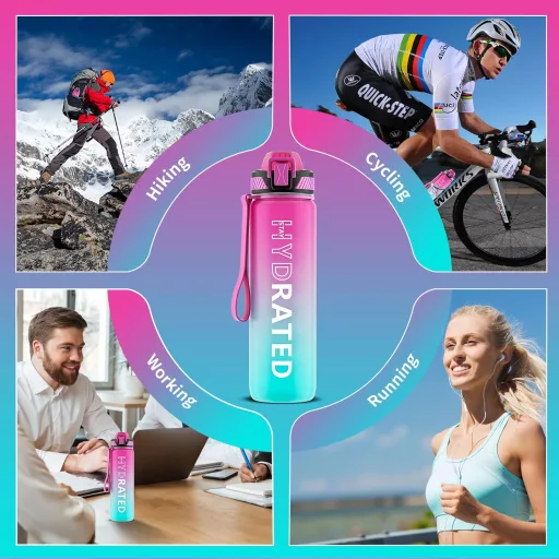 QLUR 1-litrová športová fľaša z Tritanu bez BPA s časovou značkou a slamkou, fialovo-zelená