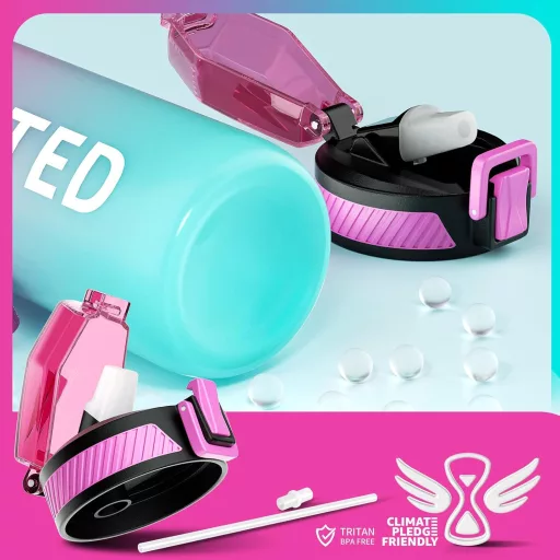 QLUR 1-litrová športová fľaša z Tritanu bez BPA s časovou značkou a slamkou, fialovo-zelená