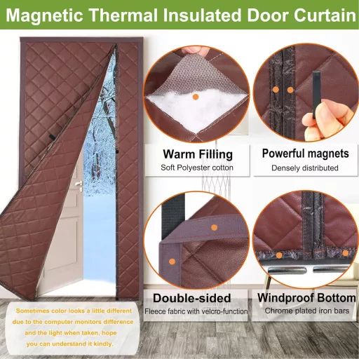Magnetická termoizolačná závesná dverová clona Risareyi 145x205 cm - Hnedá, imitácia kože, zimná vetruodolná, vodeodolná termoizolačná clona na vchodové dvere
