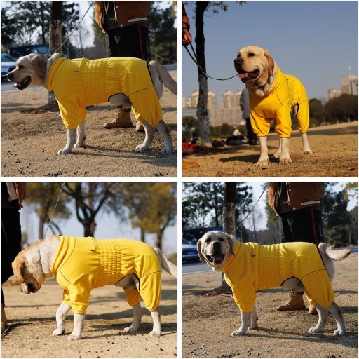 Haină de câine rezistentă la vânt Lovelonglong, pentru câini mici, medii și mari, jachetă de iarnă polar cu 4 picioare, cu fermoar, galbenă, mărimea L