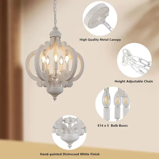 Candelabru vintage alb KMaiPem cu 5 brațe, lampă suspendată rustică pentru sufragerie