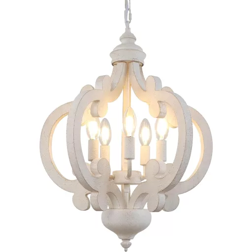Candelabru vintage alb KMaiPem cu 5 brațe, lampă suspendată rustică pentru sufragerie