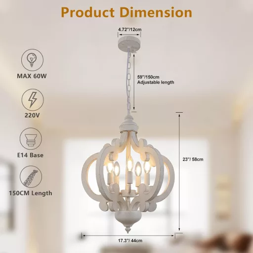 Candelabru vintage alb KMaiPem cu 5 brațe, lampă suspendată rustică pentru sufragerie