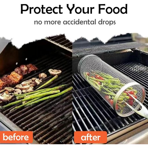 Shnmin Rozsdamentes Acél Grill Kosár 2 Darabos Szett - Hengeres Grillező Kosár BBQ Sütőhöz, Zöldség Hús Hal Grillezéshez