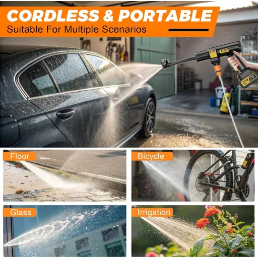 Highsam Akkumulátoros Magasnyomású Mosó 943 PSI - 2x4000mA Akkumulátorral, Habszóróval, 6-az-1-ben Fejjel és 180° Forgatható Szórófejjel Tis