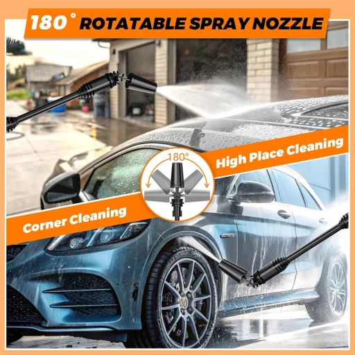 Highsam Akkumulátoros Magasnyomású Mosó 943 PSI - 2x4000mA Akkumulátorral, Habszóróval, 6-az-1-ben Fejjel és 180° Forgatható Szórófejjel Tis