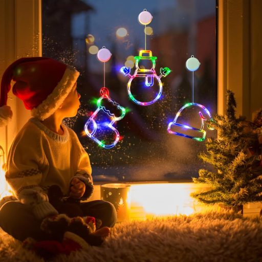 LOLStar Karácsonyi Dekoráció 3db Színes Zokni Hóember Mikulás Lámpa Szívókorongos Akkus Ablakdísz Időzítővel