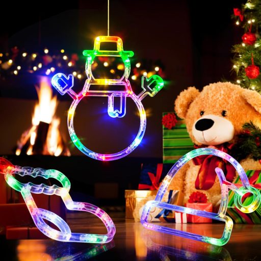 LOLStar Karácsonyi Dekoráció 3db Színes Zokni Hóember Mikulás Lámpa Szívókorongos Akkus Ablakdísz Időzítővel