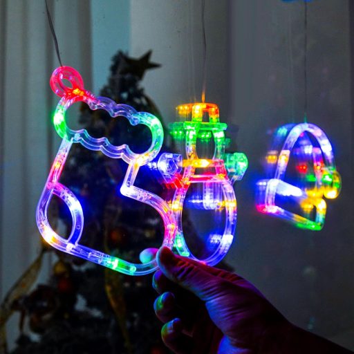 LOLStar Karácsonyi Dekoráció 3db Színes Zokni Hóember Mikulás Lámpa Szívókorongos Akkus Ablakdísz Időzítővel