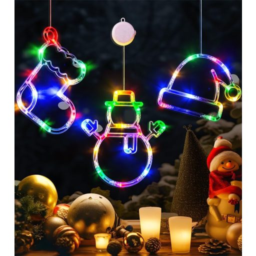 LOLStar Karácsonyi Dekoráció 3db Színes Zokni Hóember Mikulás Lámpa Szívókorongos Akkus Ablakdísz Időzítővel