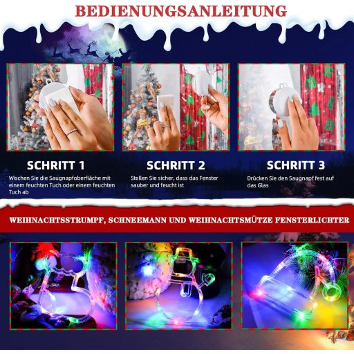 LOLStar Karácsonyi Dekoráció 3db Színes Zokni Hóember Mikulás Lámpa Szívókorongos Akkus Ablakdísz Időzítővel