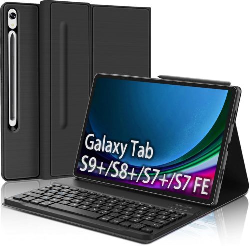 FOGARI Bluetooth Billentyűzet Samsung Galaxy Tab S9 Plus/S8 Plus/S7 FE/S7 Plus Tablethez - Fekete AZERTY Mágneses Védőtok 12,4" Készülékekhe
