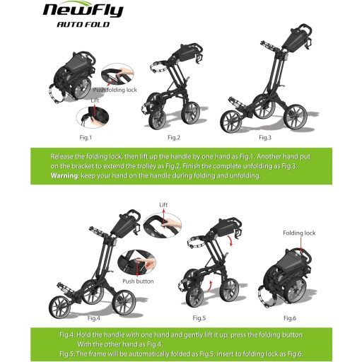 Cărucior de golf cu trei roți Newfly, pliabil, ușor, cu suport pentru umbrelă