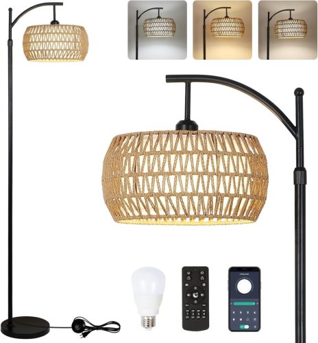 Lampă de podea Rayofly cu telecomandă - Lampă de living din ratan cu control prin aplicație, stil boem cu abajur din in, iluminat vintage pentru dormitor