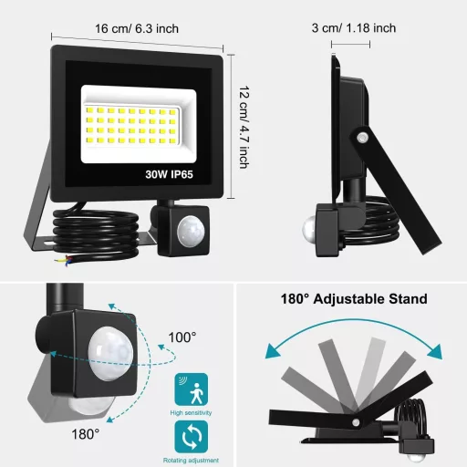 kolpop LED reflektor s pohybovým senzorom, vonkajší, 2 ks 30W 3000LM, 6500K studená biela, IP65 vodotesný, 120° uhol osvetlenia, energeticky úsporný, exteriérový