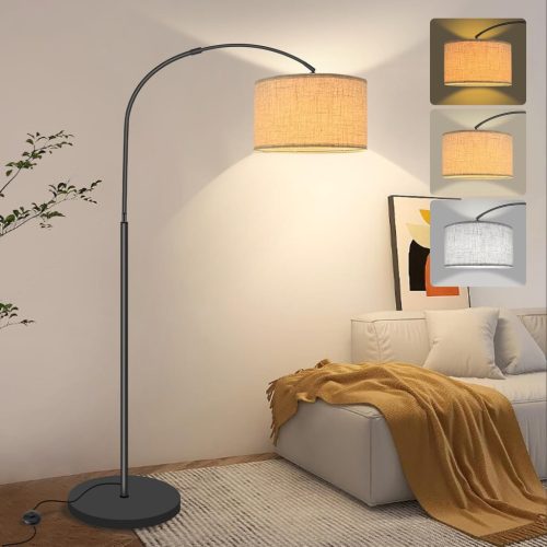 Lampa de podea arcuită Fortand - Lampă LED E27 de 12W cu 3 temperaturi de culoare, lampă de lectură modernă cu abajur bej din in, design retro cu întrerupător de picior pentru living