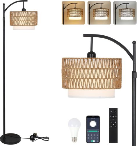 Lampadar Rayofly cu Telecomandă - Lampă de Living din Rattan cu Lumină Estompată, Control prin Aplicație, Abajur din In și Rattan în Stil Boem
