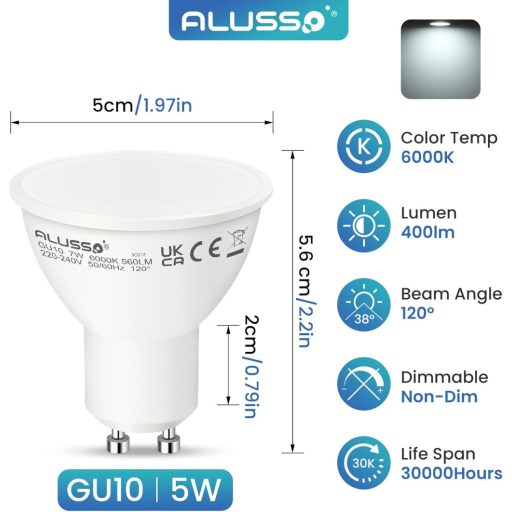 ALUSSO LIGHTING GU10 LED Izzó 5W, Hideg Fehér 6000K, 400 Lumen, 120° Szórási Szög, 50W Halogén Helyettesítő, Energiatakarékos, Villódzásment