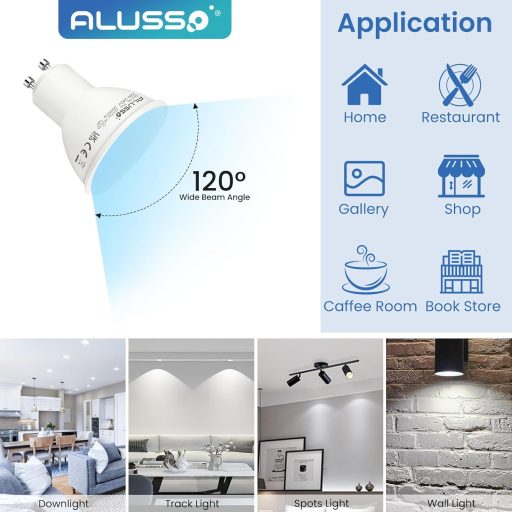 ALUSSO LIGHTING GU10 LED Izzó 5W, Hideg Fehér 6000K, 400 Lumen, 120° Szórási Szög, 50W Halogén Helyettesítő, Energiatakarékos, Villódzásment