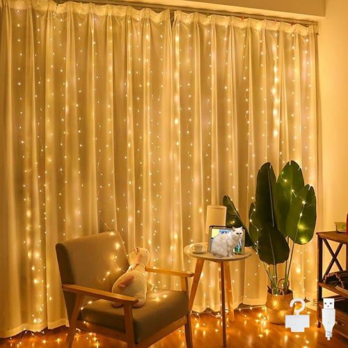Bigzom LED Fényfüggöny 2x2m - 200 Meleg Fehér LED, USB, IP65 Vízálló, Beltéri/Kültéri Dekoráció Esküvőre, Karácsonyra, Valentin-napra 10 Aka