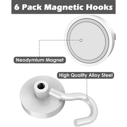 Lictin Mágneses Horgok 6 db Neodímium Mágnes 38 kg Teherbírás Fehér