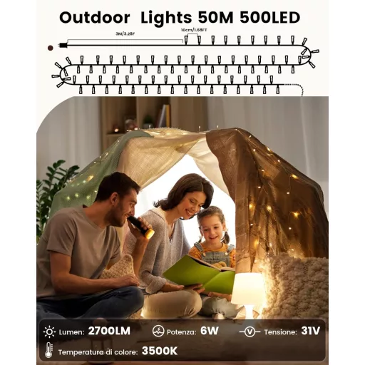 BESCOST 50m 500 LED vonkajšie svetelné reťaze s diaľkovým ovládaním, 8 režimov, vodotesné, časovač, teplá biela