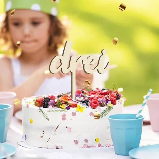 Decorațiune tort UTEFIF din lemn cu cifra 3 - Decor de ziua de naștere pentru băieți și fete, vopsibilă, pentru decorare unică