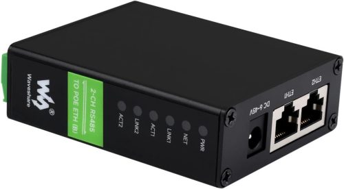 Waveshare 2-CH RS485 Ethernet Konverter Modul POE Funkcióval - Ipari Sínre Szerelhető Izolált Soros Szerver Modbus/MQTT Támogatással