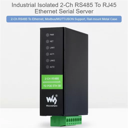 Waveshare Convertor Ethernet RS485 cu 2 Canale, cu Funcție POE - Server Serial Izolat Montabil pe Șină DIN, cu Suport Modbus/MQTT