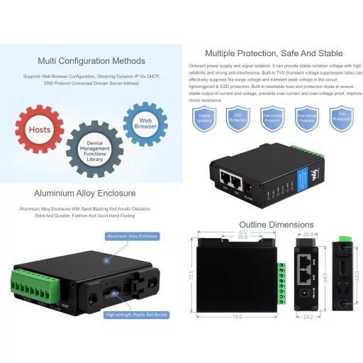 Waveshare Convertor Ethernet RS485 cu 2 Canale, cu Funcție POE - Server Serial Izolat Montabil pe Șină DIN, cu Suport Modbus/MQTT