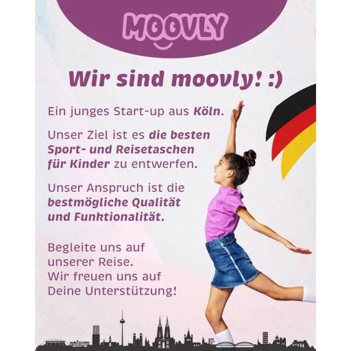 Moovly Geantă sport pentru copii 25L - Sac de gimnastică cu compartiment pentru pantofi și buzunar pentru apă, geantă de voiaj roz-violet cu buline, cu bretea de umăr ajustabilă.