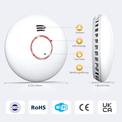 Detector de fum inteligent Andyssey GS558D cu WiFi, suport magnetic - Alarmă de incendiu conectabilă în rețea cu senzor fotoelectric, DIN EN14604