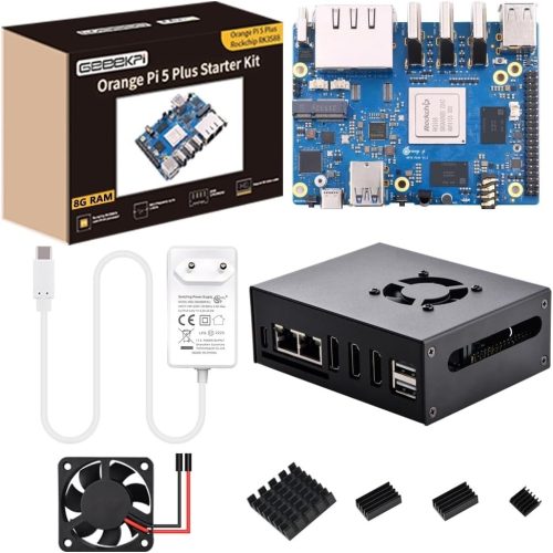 GeeekPi Orange Pi 5 Plus 8GB - Calculator cu o singură placă cu 8 nuclee RK3588 cu carcasă metalică, alimentator oficial de 5V 4A și ventilator de 40mm, soclu eMMC