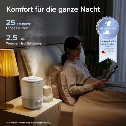 Tichý zvlhčovač vzduchu Levoit 2,5 l, 23 dB, 25-hodinová prevádzka, 360° otočná tryska, do detskej izby a auta