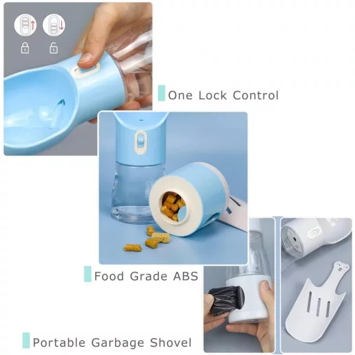 Générique 4 az 1-ben kutyaitalos palack, száraztáp tároló, kakitaska tartó és gyűjtő eszköz kék