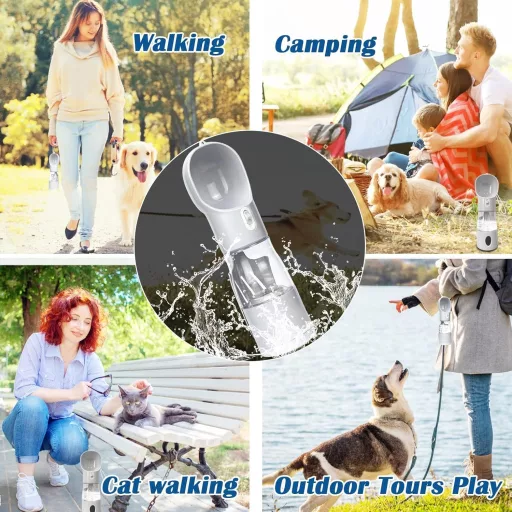 Générique 4 v 1 fľaša na vodu pre psov, zásobník na granule, držiak na vrecká na exkrementy a lopatka na ich zbieranie, modrá