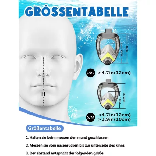 Vitare teljes arcú snorkel maszk 180° látómezővel, felnőtteknek és gyerekeknek, kamera klippel