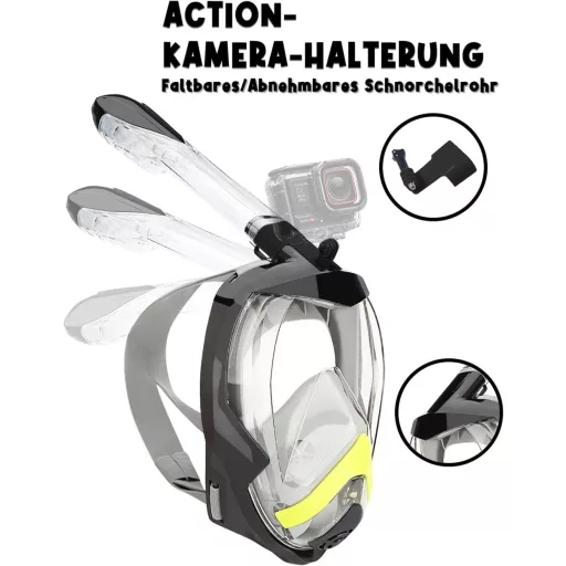 Vitare teljes arcú snorkel maszk 180° látómezővel, felnőtteknek és gyerekeknek, kamera klippel